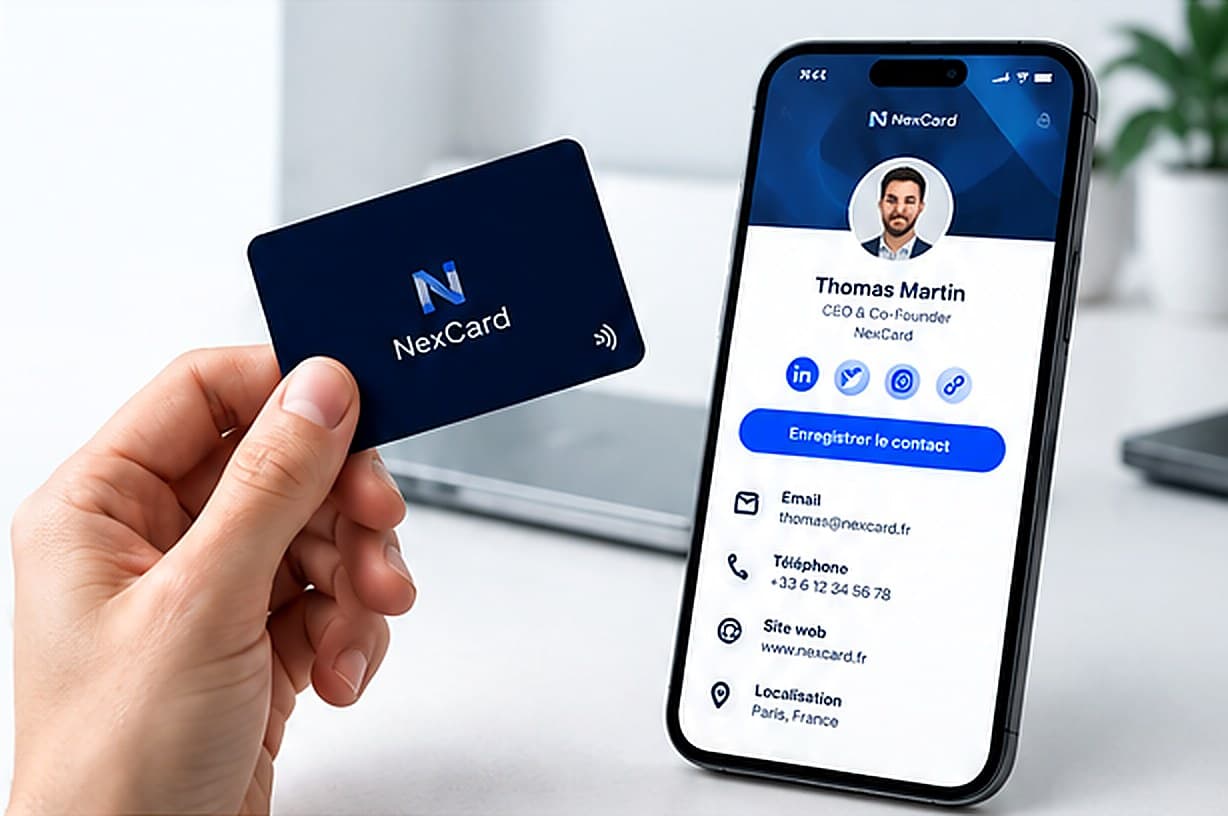 Main tenant une carte NFC devant un smartphone affichant un profil digital